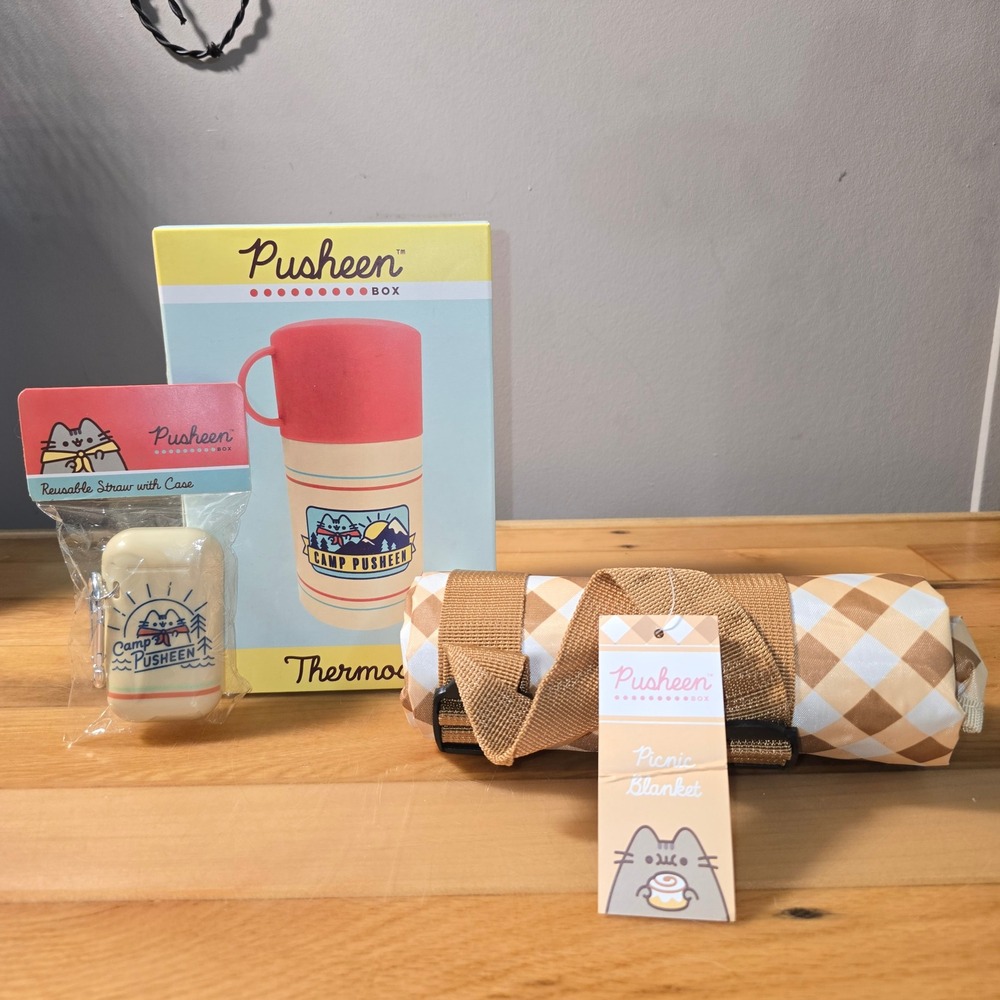 Pusheen Box Camp Pusheen Thermos Picnic Blanket and Reusable Straw Set NEW